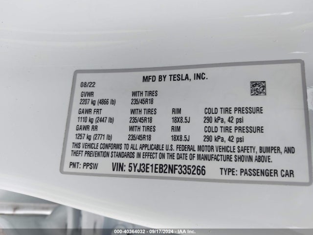 2022 TESLA MODEL 3 5YJ3E1EB2NF335266 Photo 8