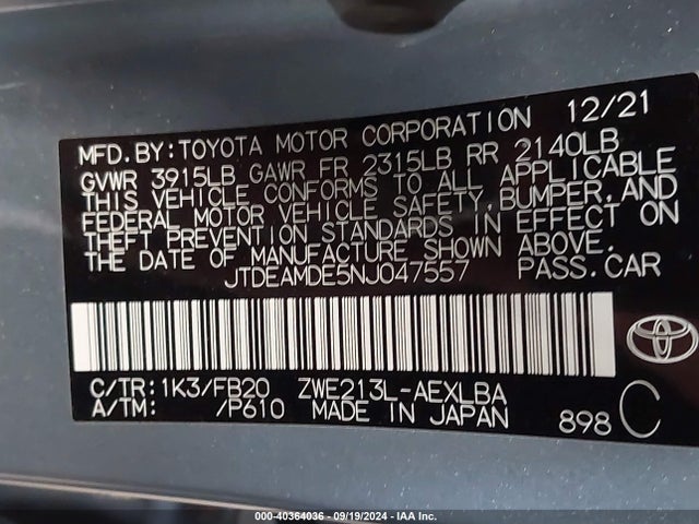 Toyota Corolla Hybrid Le 2022 JTDEAMDE5NJ047557 Image 9