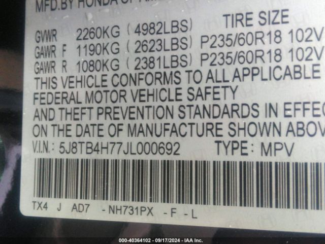 5J8TB4H77JL000692 Acura Rdx Advance Package
