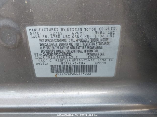 3N1CN7AP2GL849033 Nissan Versa 1.6 S+