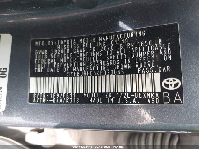 Toyota COROLLA LE 2019 5YFBURHE5KP930065 Image 9