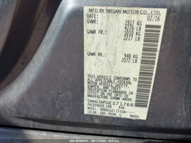 1N4AL3AP5GC171768 Nissan Altima 2.5/2.5 S/2.5 Sl/2.5 Sr/2.5 Sv