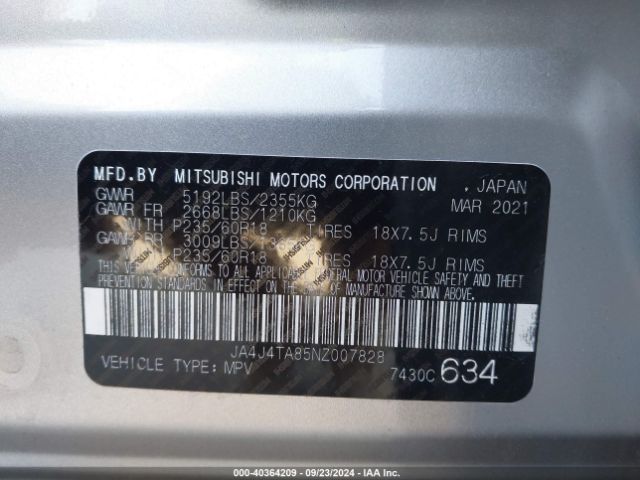 JA4J4TA85NZ007828 Mitsubishi Outlander Es 2.5 S-awc