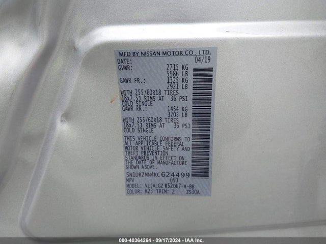 Nissan Pathfinder Sl 2019 5N1DR2MN4KC624499 Image 9