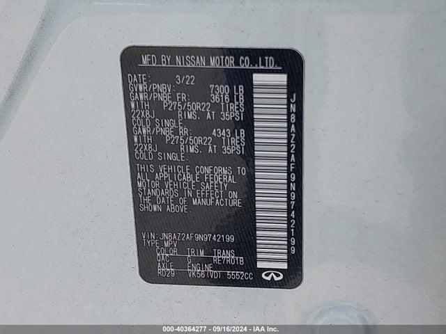 JN8AZ2AF9N9742199 Infiniti Qx80 Premium Select
