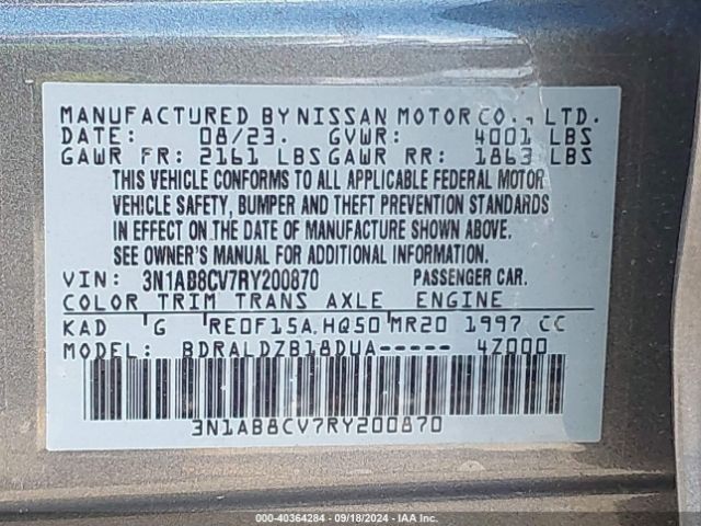 3N1AB8CV7RY200870 Nissan Sentra Sv Xtronic Cvt