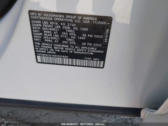 1V2SR2CA1MC552690 Volkswagen Atlas 3.6l V6 Sel R-line
