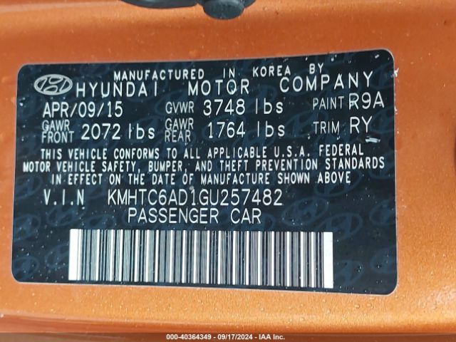 KMHTC6AD1GU257482 Hyundai Veloster