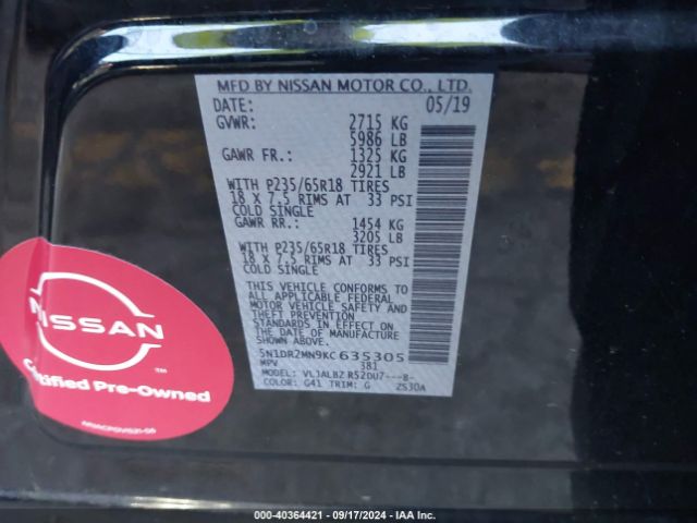 5N1DR2MN9KC635305 Nissan Pathfinder S