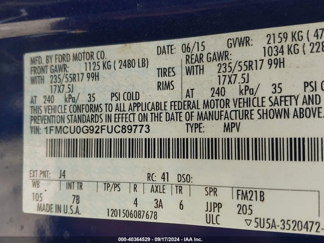 Ford ESCAPE SE 2015 1FMCU0G92FUC89773 Image 9