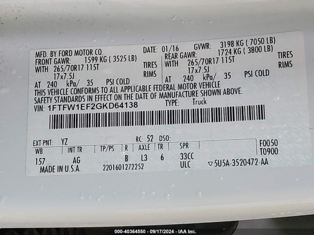 Ford F-150 Xl 2016 1FTFW1EF2GKD64138 Image 9