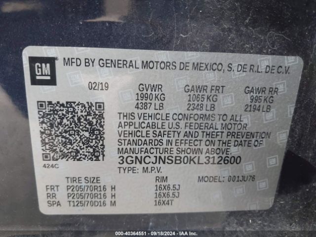 3GNCJNSB0KL312600 Chevrolet TRAX LS