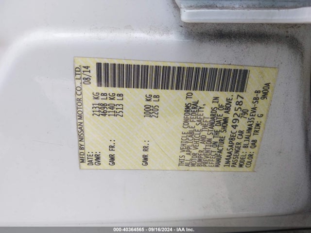 Nissan Maxima 3.5 Sv 2014 1N4AA5AP8EC492587 Image 9