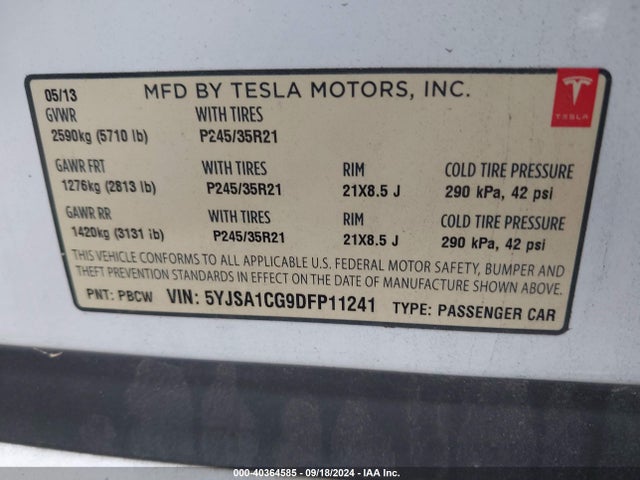 2013 TESLA MODEL S 5YJSA1CG9DFP11241 Photo 8
