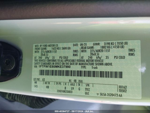 1FTFW1E80MKE37990 Ford F-150 Lariat