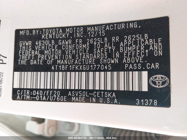 Toyota CAMRY SE 2016 4T1BF1FKXGU177045 Image 9