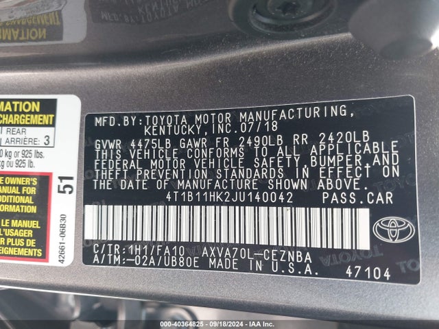 Toyota CAMRY LE 2018 4T1B11HK2JU140042 Image 9