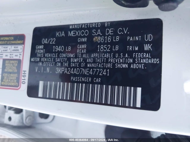 3KPA24AD7NE477241 KIA RIO LX