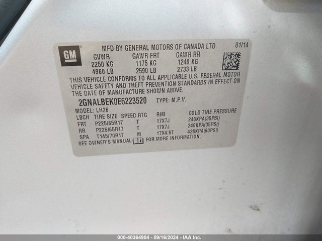 Chevrolet EQUINOX 1LT 2014 2GNALBEK0E6223520 Image 9