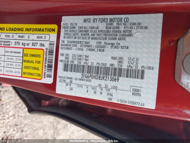 Ford FUSION SE 2018 3FA6P0HD8JR213069 Image 9