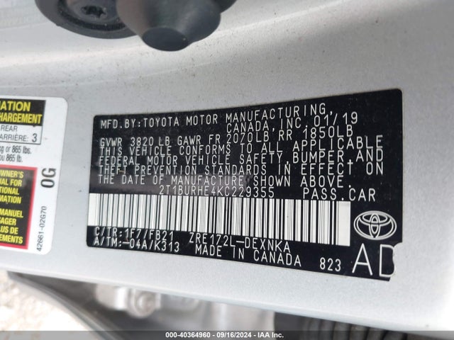 Toyota COROLLA LE 2019 2T1BURHE4KC229355 Image 9