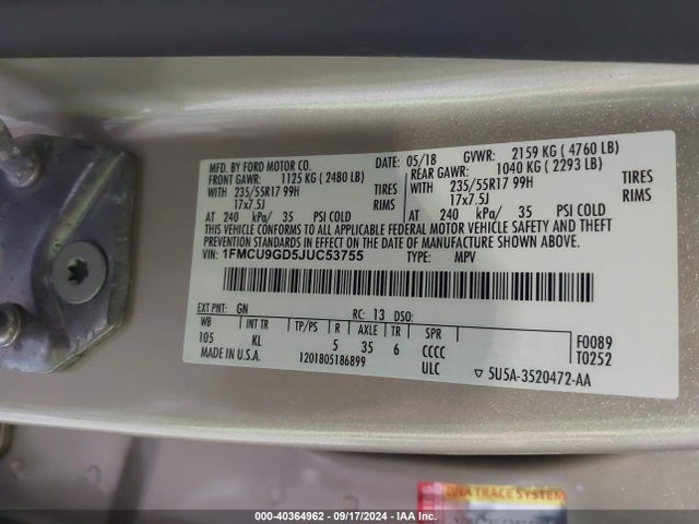 Ford ESCAPE SE 2018 1FMCU9GD5JUC53755 Image 9
