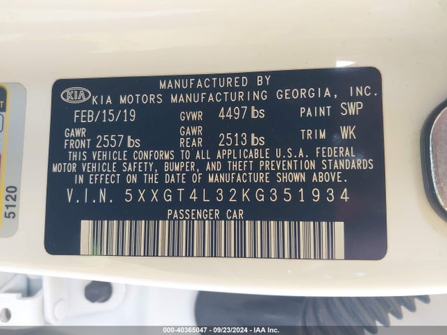 KIA Optima Lx 2019 5XXGT4L32KG351934 Image 9