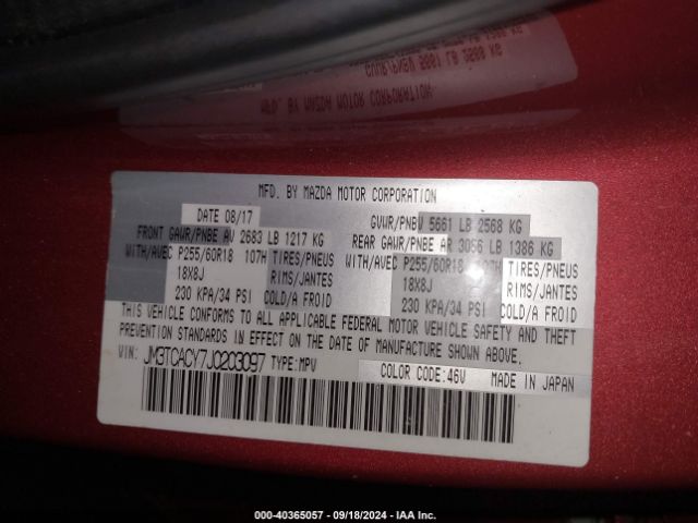 JM3TCACY7J0203097 Mazda Cx-9 Touring