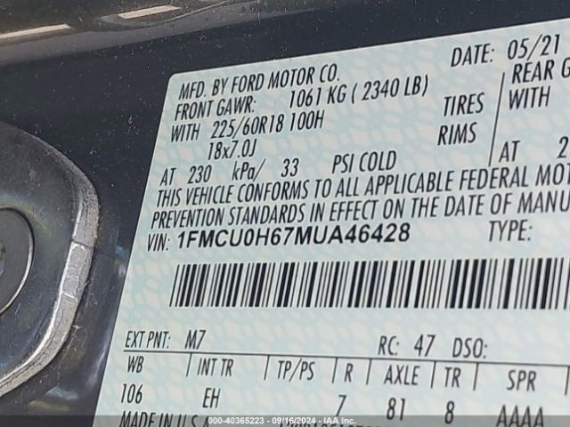 1FMCU0H67MUA46428 Ford ESCAPE SEL
