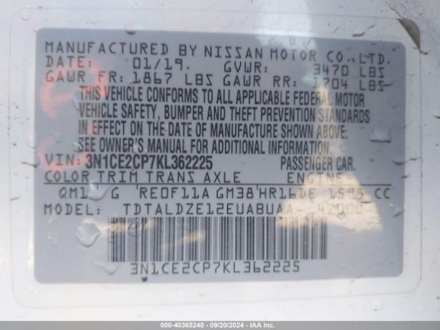 3N1CE2CP7KL362225 Nissan Versa Note Sv