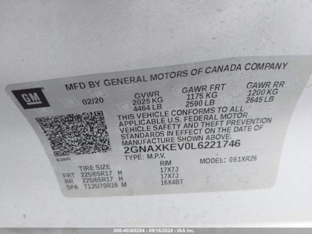 2GNAXKEV0L6221746 Chevrolet Equinox Fwd Lt 1.5l Turbo