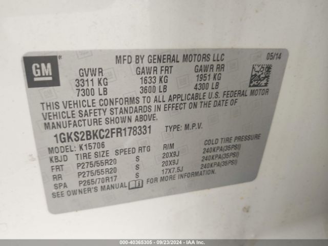 1GKS2BKC2FR178331 GMC YUKON SLT