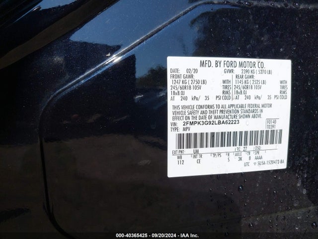 Ford EDGE SE 2020 2FMPK3G92LBA62223 Image 9