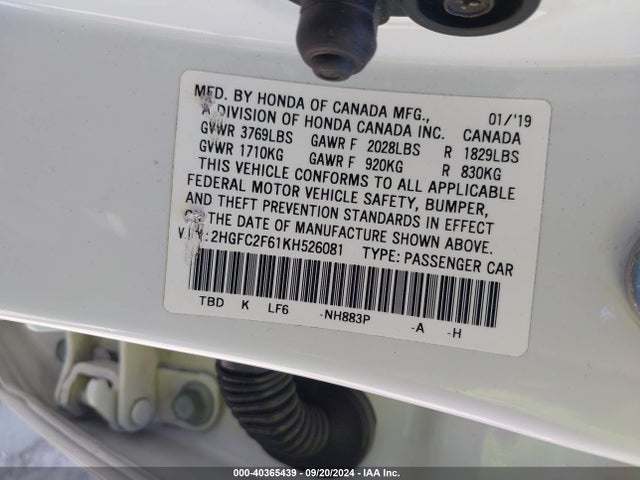 Honda Civic Lx 2019 2HGFC2F61KH526081 Image 9