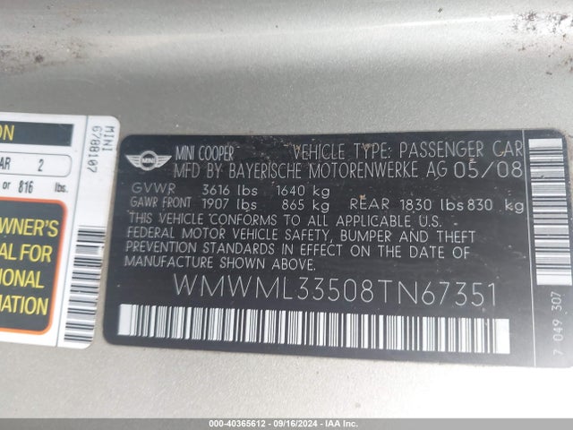 2008 MINI COOPER CLUBMAN WMWML33508TN67351 Photo 8