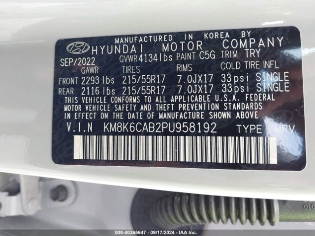 KM8K6CAB2PU958192 Hyundai Kona Sel
