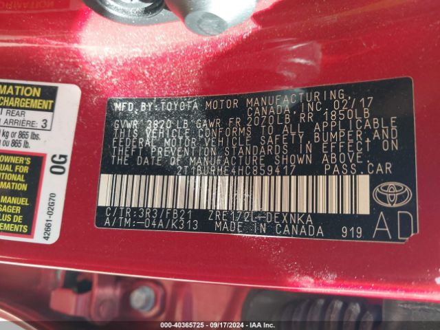 2T1BURHE4HC859417 Toyota COROLLA LE