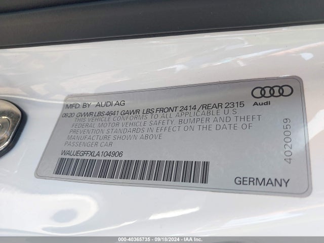 WAUJEGFFXLA104906 Audi A3 Premium Plus 45 Tfsi S Line Quattro S Tronic