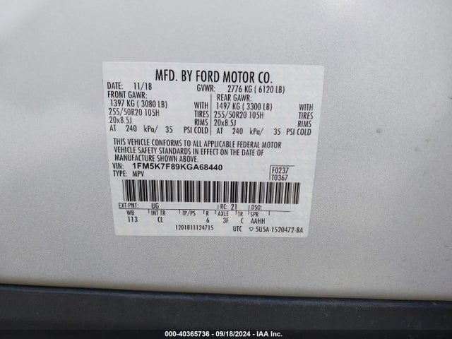 Ford Explorer Limited 2019 1FM5K7F89KGA68440 Image 9