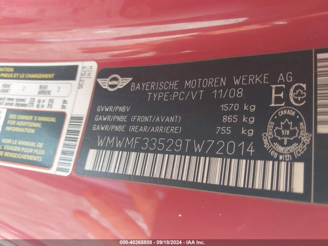 2009 MINI COOPER WMWMF33529TW72014 Photo 8