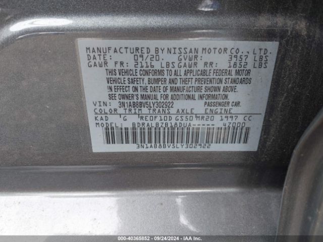 3N1AB8BV5LY302922 Nissan Sentra S Xtronic Cvt