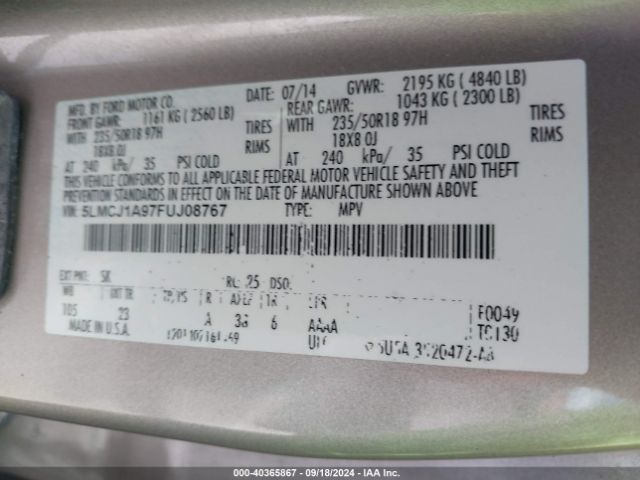 5LMCJ1A97FUJ08767 Lincoln MKC