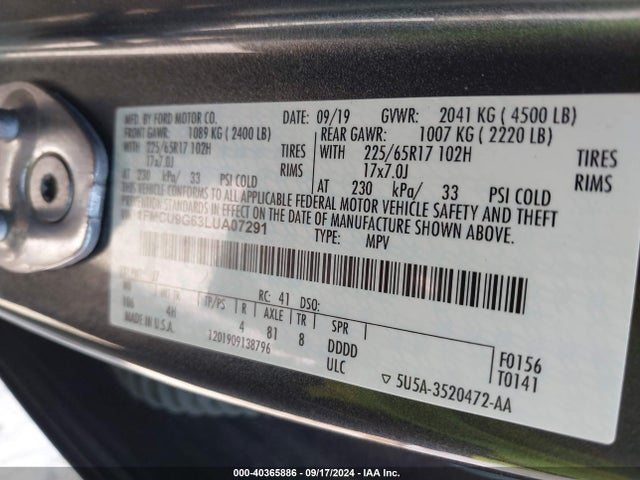 Ford ESCAPE SE 2020 1FMCU9G63LUA07291 Image 9
