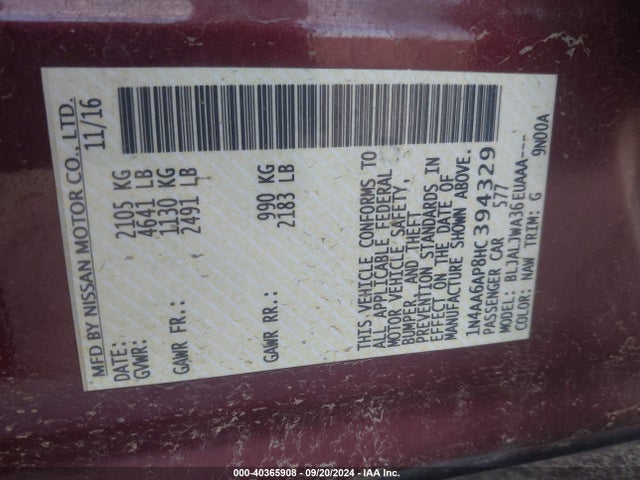 Nissan Maxima 3.5 Sv 2017 1N4AA6AP8HC394329 Image 9