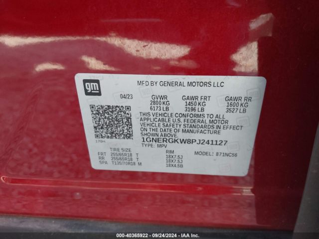 1GNERGKW8PJ241127 Chevrolet Traverse Fwd Lt Cloth