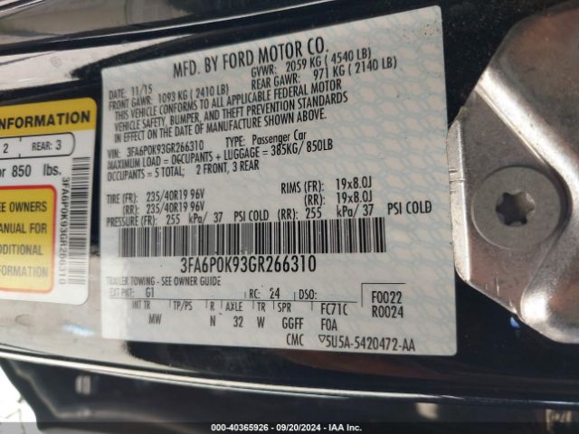 3FA6P0K93GR266310 Ford Fusion Titanium