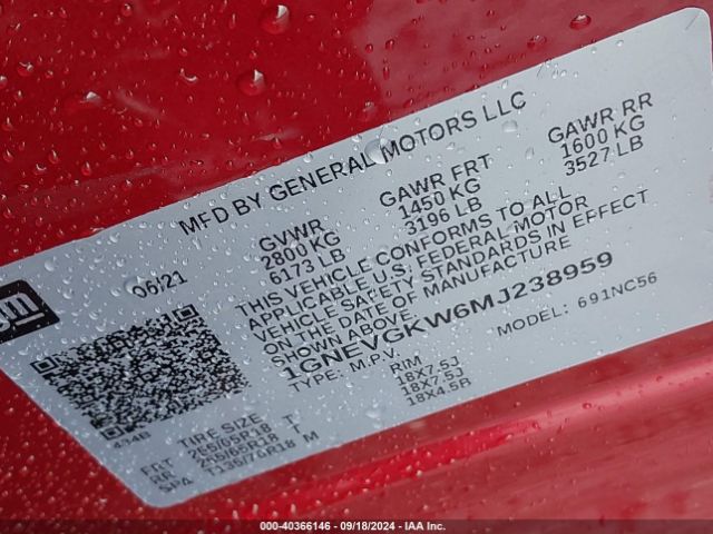 1GNEVGKW6MJ238959 Chevrolet Traverse Awd Lt Cloth