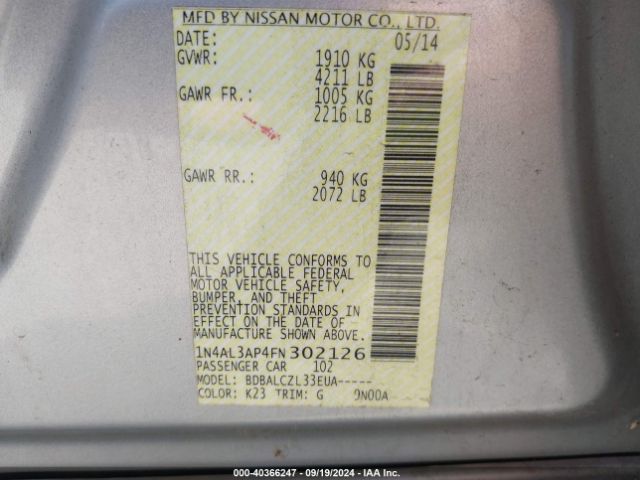 1N4AL3AP4FN302126 Nissan Altima 2.5/2.5 S/2.5 Sl/2.5 Sv
