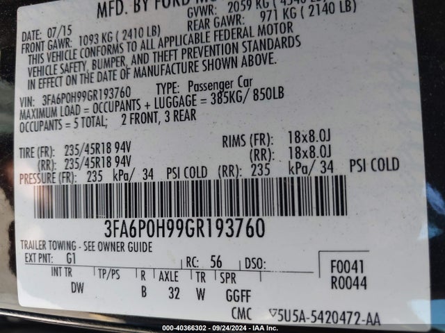 Ford FUSION SE 2016 3FA6P0H99GR193760 Image 9