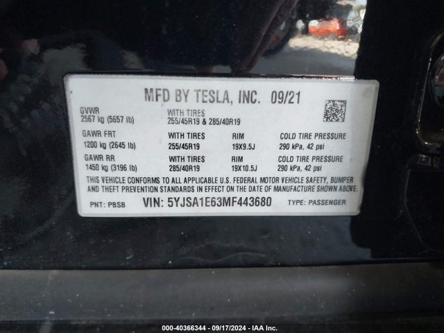 2021 TESLA MODEL S 5YJSA1E63MF443680 Photo 8